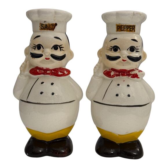 1950's Italian Chef with Mustache 5.5” Salt & Pepper Shakers Blue Label Japan - Picture 1 of 12
